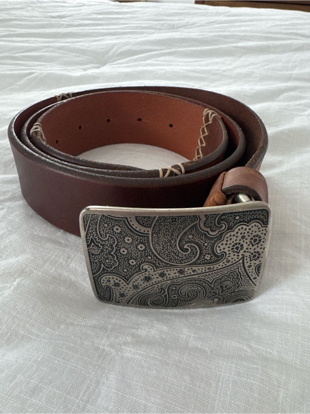 Robert Graham Brown Leather Belt with Engraved Silver Paisley Buckle